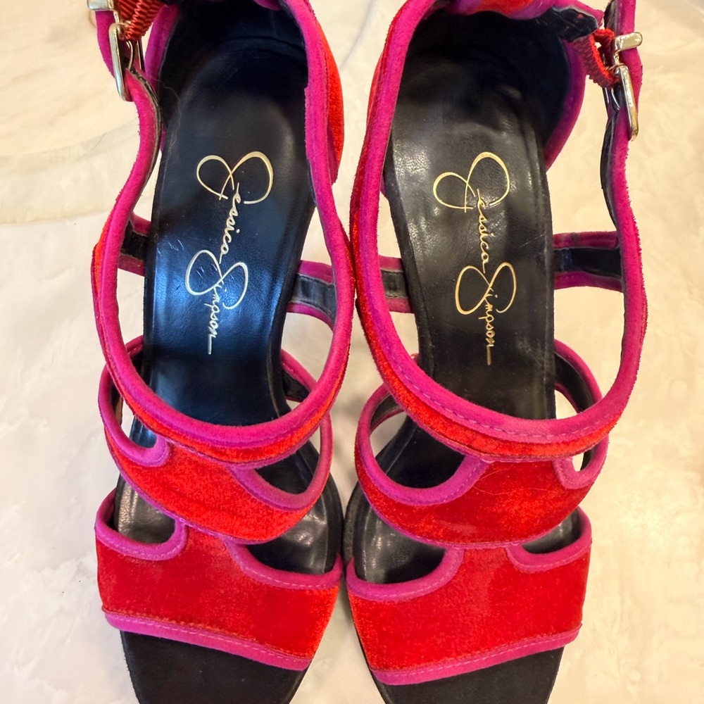 Jessica Simpson BRUNO Very Red Velvet Platforms Strappy Heels Shoes, 7M - Picture 7 of 12